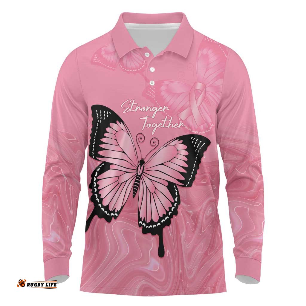 Personalised Australia Breast Cancer Awareness Long Sleeve Polo Shirt Pink Ribbon Butterfly Opal Pattern LT14