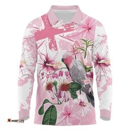 Personalised Australia Day Long Sleeve Polo Shirt Pink Parrot Bird Opal Art LT9