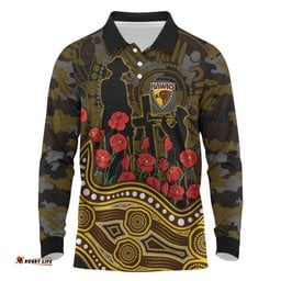 Hawthorn Hawks ANZAC Day Long Sleeve Polo Shirt Indigenous Dot Art with Poppy Flower Tribute TS04
