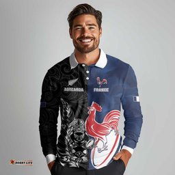 France And New Zealand Rugby Custom Long Sleeve Polo Shirt Les Bleus Rooster With Maori Tiki LT05