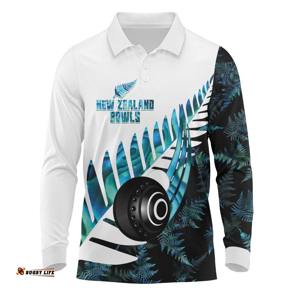 New Zealand Lawn Bowls Custom Long Sleeve Polo Shirt Aotearoa Silver Fern Paua Shell LT14
