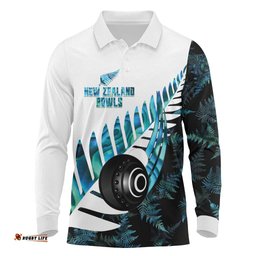 New Zealand Lawn Bowls Custom Long Sleeve Polo Shirt Aotearoa Silver Fern Paua Shell LT14