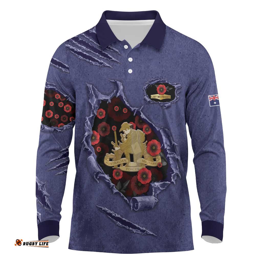 Personalised ANZAC Day Long Sleeve Polo Shirt Poppy Flowers Ripped Fabric Effect DT05