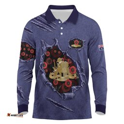 Personalised ANZAC Day Long Sleeve Polo Shirt Poppy Flowers Ripped Fabric Effect DT05