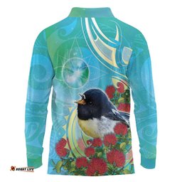 New Zealand Tomtit Long Sleeve Polo Shirt Maori Koru With Pohutukawa Galaxy Style LT05