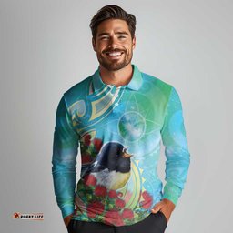 New Zealand Tomtit Long Sleeve Polo Shirt Maori Koru With Pohutukawa Galaxy Style LT05
