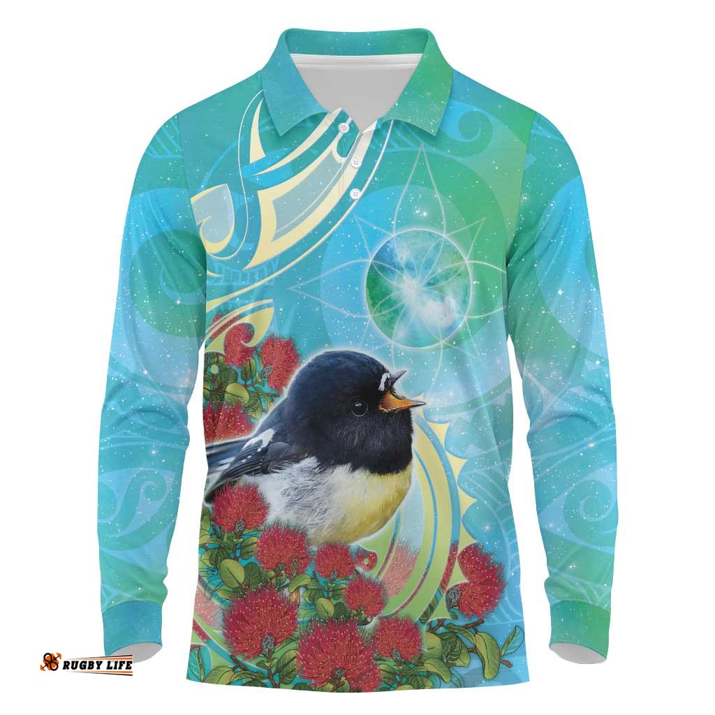 New Zealand Tomtit Long Sleeve Polo Shirt Maori Koru With Pohutukawa Galaxy Style LT05