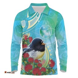 New Zealand Tomtit Long Sleeve Polo Shirt Maori Koru With Pohutukawa Galaxy Style LT05