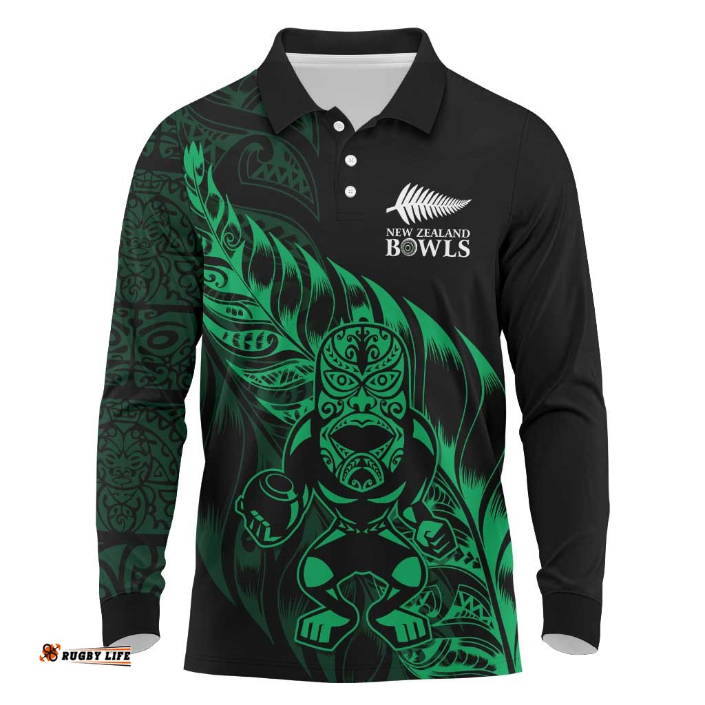 New Zealand Lawn Bowls Custom Long Sleeve Polo Shirt Green Maori Warrior Tribal Silver Fern LT9