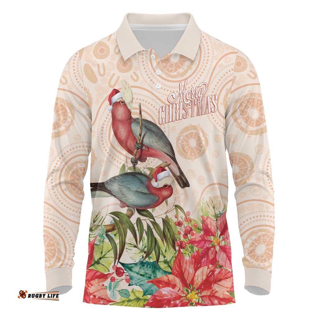 Merry Christmas Aussie Aboriginal Long Sleeve Polo Shirt Rosebreasted Cockatoo Pastel LT7