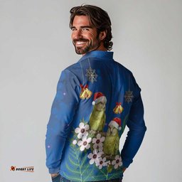 New Zealand Kakapo Christmas Long Sleeve Polo Shirt Owl Parrot Santa Sliver Fern Manuka - Blue LT14