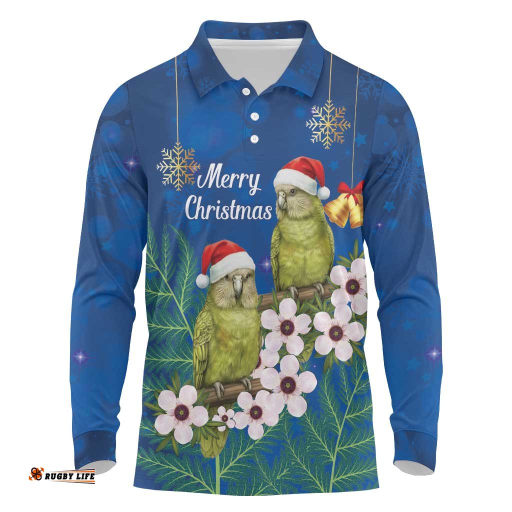 New Zealand Kakapo Christmas Long Sleeve Polo Shirt Owl Parrot Santa Sliver Fern Manuka - Blue LT14