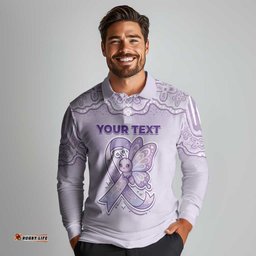 Personalised Epilepsy Awareness Alphabet Long Sleeve Polo Shirt Purple Ribbon Butterfly Cute Style DT05