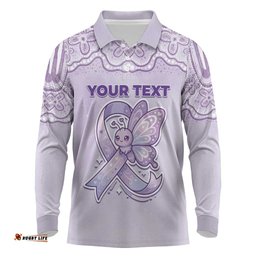 Personalised Epilepsy Awareness Alphabet Long Sleeve Polo Shirt Purple Ribbon Butterfly Cute Style DT05