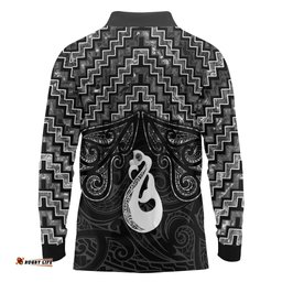 New Zealand Maori Long Sleeve Polo Shirt Poutama Manaia Black Paua Shell LT05