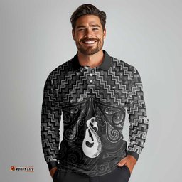 New Zealand Maori Long Sleeve Polo Shirt Poutama Manaia Black Paua Shell LT05