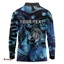 Personalised Maori Romantic Valentine Long Sleeve Polo Shirt The Hongi Kiss Blue Galaxy DT05