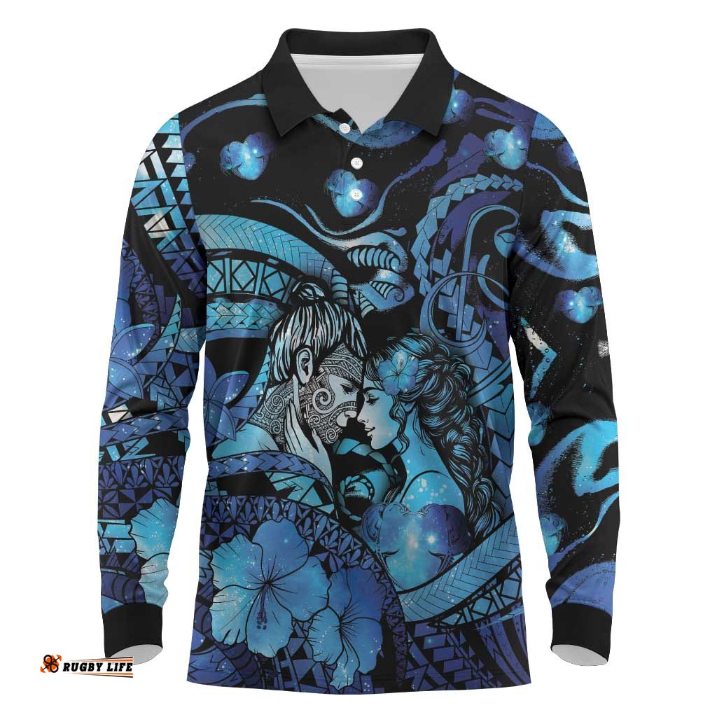 Personalised Maori Romantic Valentine Long Sleeve Polo Shirt The Hongi Kiss Blue Galaxy DT05