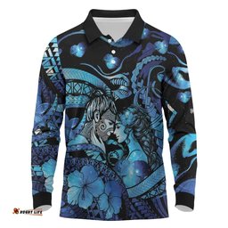 Personalised Maori Romantic Valentine Long Sleeve Polo Shirt The Hongi Kiss Blue Galaxy DT05