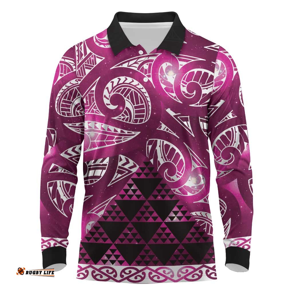 Matariki New Zealand Long Sleeve Polo Shirt NZ Niho Taniwha Maori New Year Pink Galaxy LT14