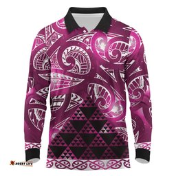 Matariki New Zealand Long Sleeve Polo Shirt NZ Niho Taniwha Maori New Year Pink Galaxy LT14