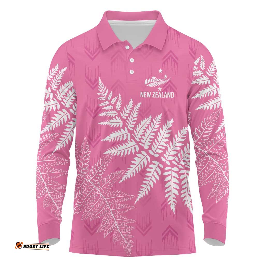 New Zealand Lawn Bowls Breast Cancer Personalized Long Sleeve Polo Shirt Wrap-Around Silver Fern LT7