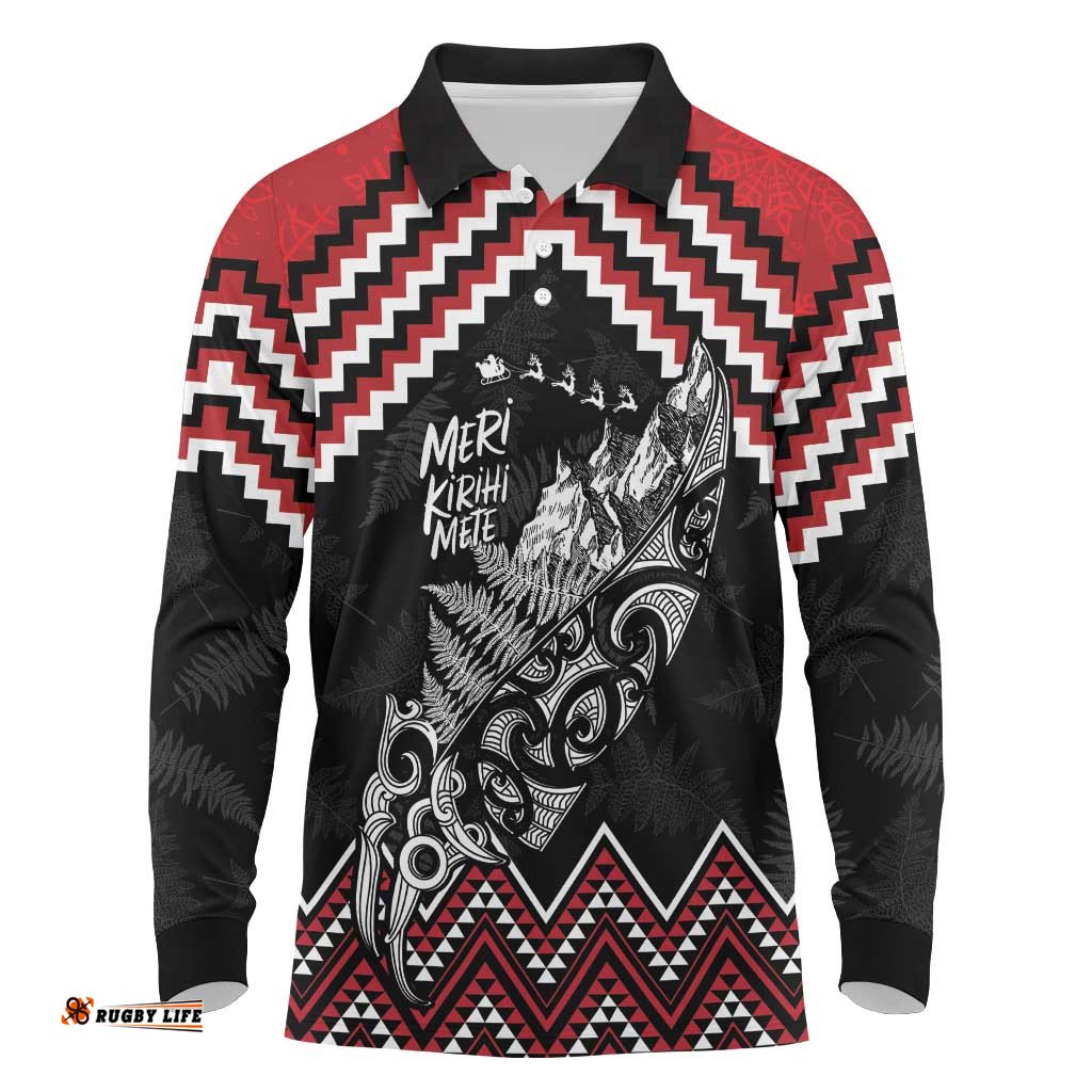 New Zealand Christmas Taniko Poutama Long Sleeve Polo Shirt Mountainscape Maori Fern LT7