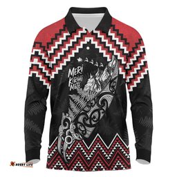 New Zealand Christmas Taniko Poutama Long Sleeve Polo Shirt Mountainscape Maori Fern LT7