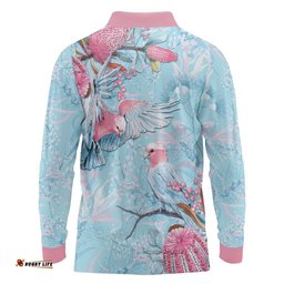 Galah Birds Australia Baby Blue & Pink Long Sleeve Polo Shirt LT7