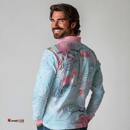 Galah Birds Australia Baby Blue & Pink Long Sleeve Polo Shirt LT7