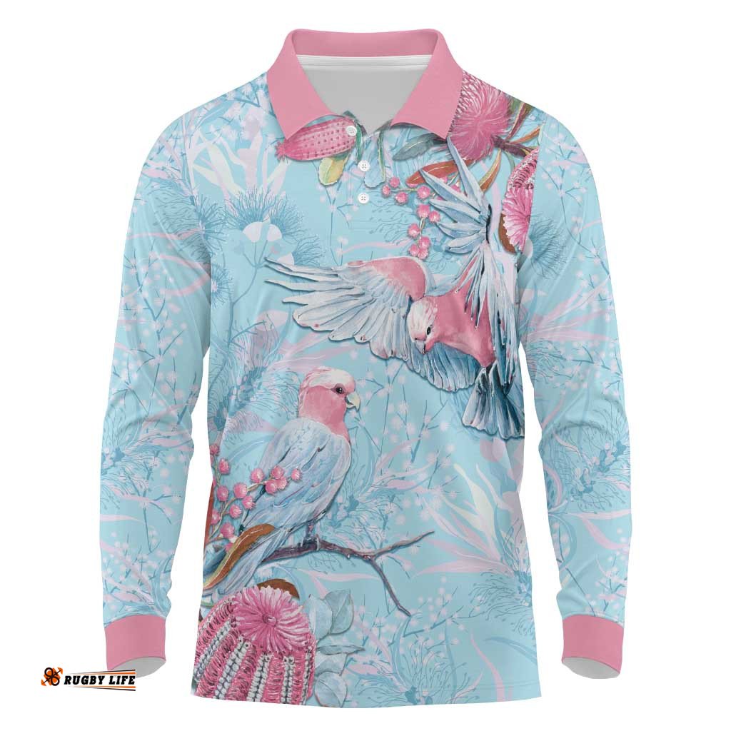Galah Birds Australia Baby Blue & Pink Long Sleeve Polo Shirt LT7