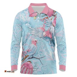 Galah Birds Australia Baby Blue & Pink Long Sleeve Polo Shirt LT7