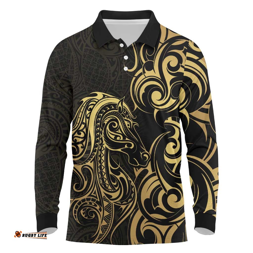 Gold And Black Aoteara Horse Racing Long Sleeve Polo Shirt NZ Maori Pattern LT14