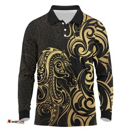 Gold And Black Aoteara Horse Racing Long Sleeve Polo Shirt NZ Maori Pattern LT14