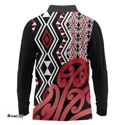 New Zealand Long Sleeve Polo Shirt Aotearoa Kowhaiwhai Mix Taniko Art - Red LT14
