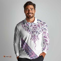 Mawhero Paua shell Kowhaiwhai Taniko Personalised Long Sleeve Polo Shirt Manta Ray Shark-Turtle Maori Tribal Style LT9
