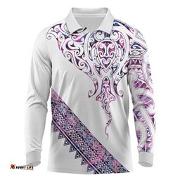 Mawhero Paua shell Kowhaiwhai Taniko Personalised Long Sleeve Polo Shirt Manta Ray Shark-Turtle Maori Tribal Style LT9