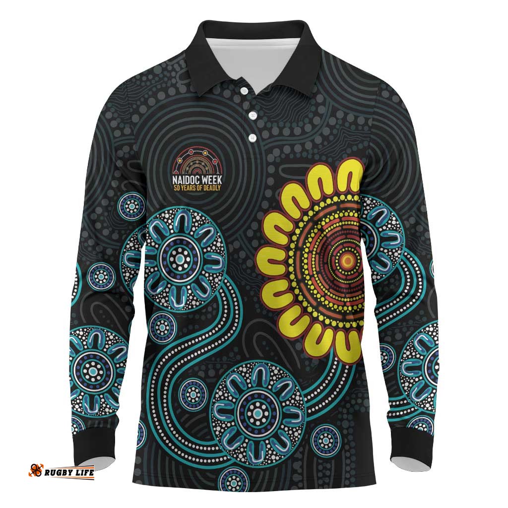 NAIDOC 50 Years of Deadly Long Sleeve Polo Shirt Sun Aboriginal Dot Art LT19