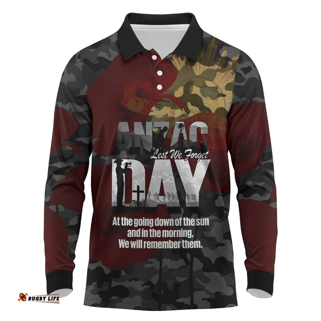 Australia ANZAC Day Long Sleeve Polo Shirt We Will Remember Them Poppy Camouflage LT14