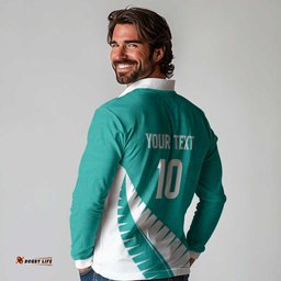 Custom New Zealand Cricket Long Sleeve Polo Shirt Kiwi Birds Haka Dance Turquoise Fern Sporty Style LT03