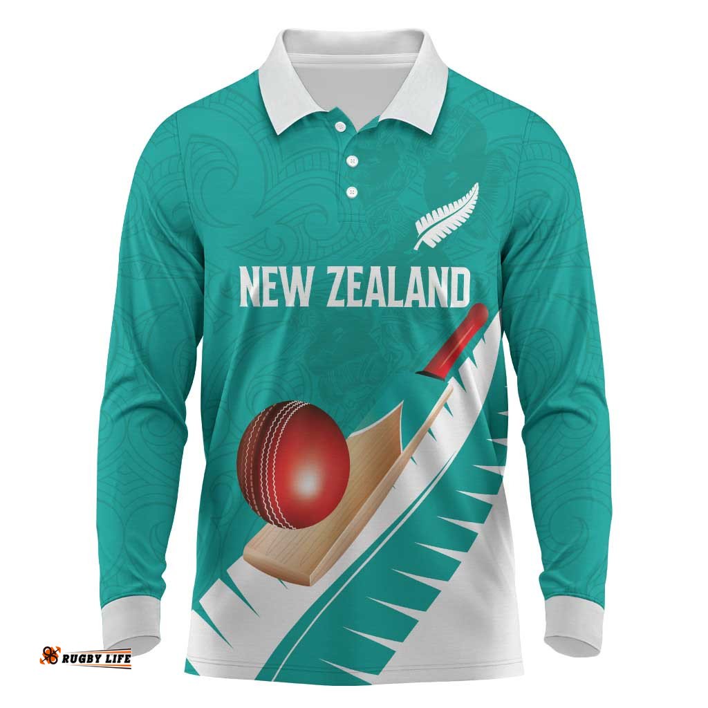 Custom New Zealand Cricket Long Sleeve Polo Shirt Kiwi Birds Haka Dance Turquoise Fern Sporty Style LT03