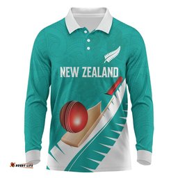 Custom New Zealand Cricket Long Sleeve Polo Shirt Kiwi Birds Haka Dance Turquoise Fern Sporty Style LT03