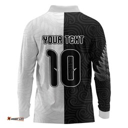 Custom New Zealand Football Long Sleeve Polo Shirt Silver Fern and Maori Tribal Black White Half Sporty Style LT03
