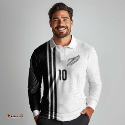 Custom New Zealand Football Long Sleeve Polo Shirt Silver Fern and Maori Tribal Black White Half Sporty Style LT03