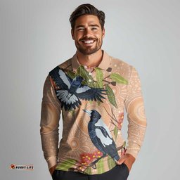 Magpies On Eucalyptus Australia Aboriginal Long Sleeve Polo Shirt LT7