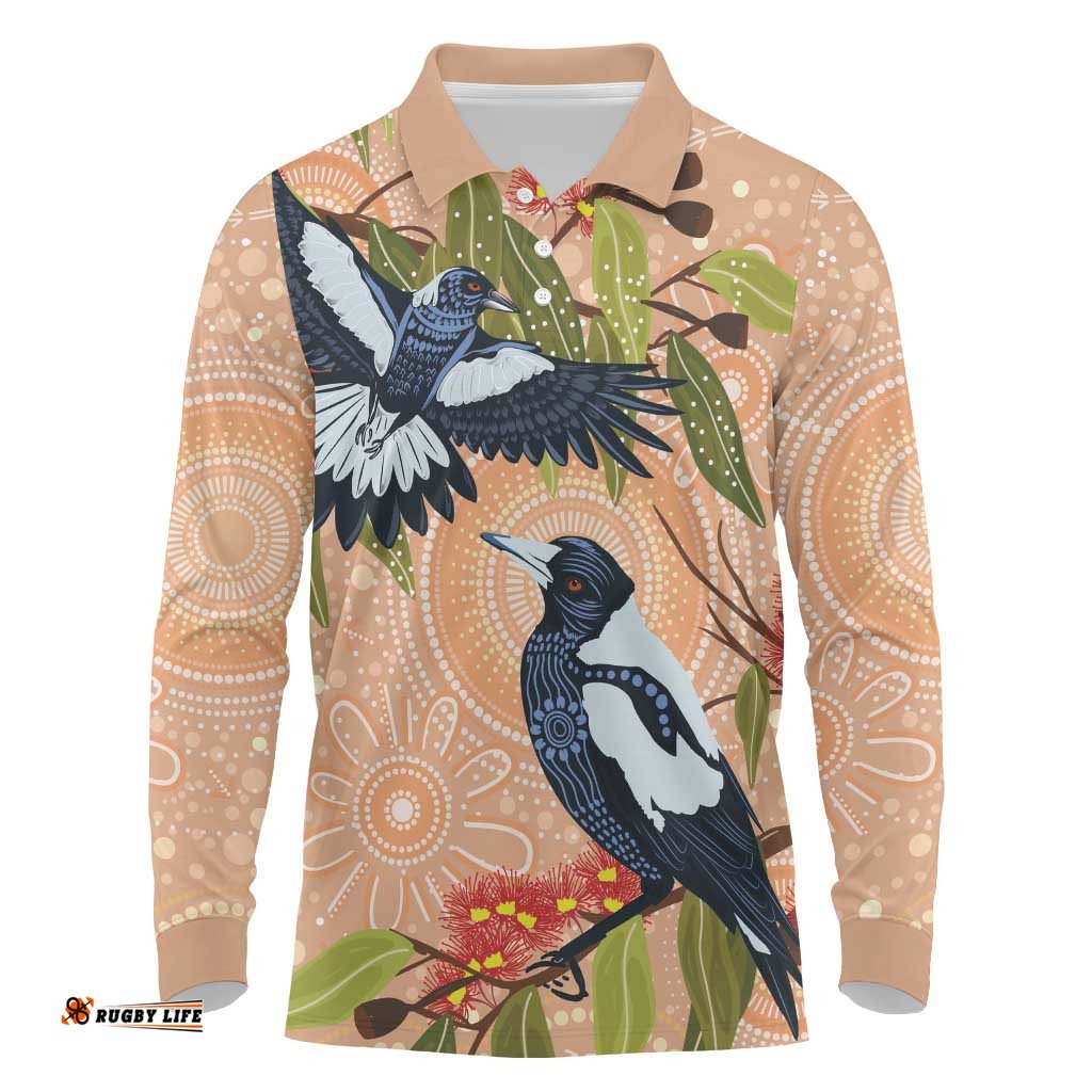 Magpies On Eucalyptus Australia Aboriginal Long Sleeve Polo Shirt LT7