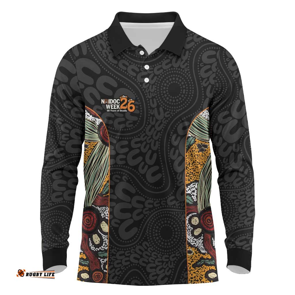 Personalised NAIDOC Deadly 50 Years Long Sleeve Polo Shirt Minimalist Aboriginal Art LT9