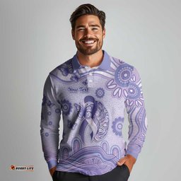 Personalised Epilepsy Awareness Long Sleeve Polo Shirt Purple Ribbon Butterfly And Brain Aboriginal Art DT05