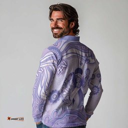 Personalised Epilepsy Awareness Long Sleeve Polo Shirt Purple Ribbon Butterfly And Brain Aboriginal Art DT05