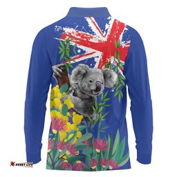 Australia Day Koala Long Sleeve Polo Shirt Aussie Aussie Aussie Oi Oi Oi Blue Color LT9